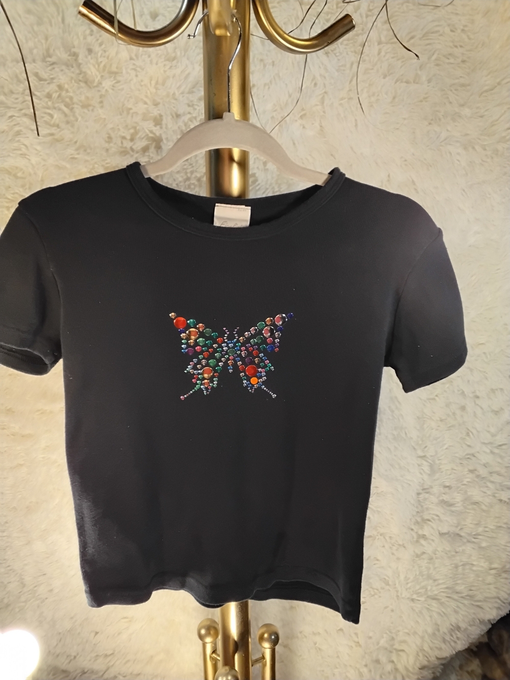 Black Tee with Multicolor Crystal Butterfly